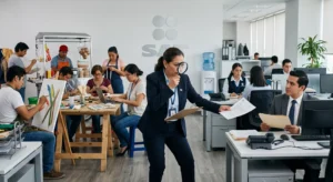 Auditora del SAT revisando con lupa las actividades de diversos contribuyentes, emprendedores y profesionistas en una oficina.