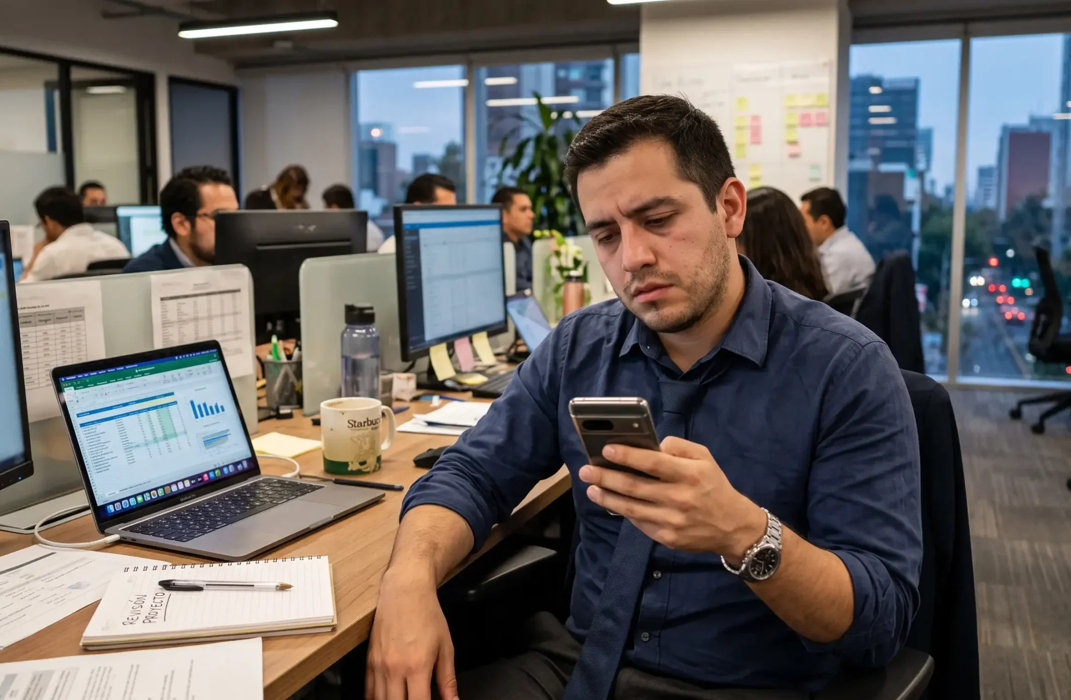 Joven profesionista mexicano revisando su celular con cara de cansancio en la oficina