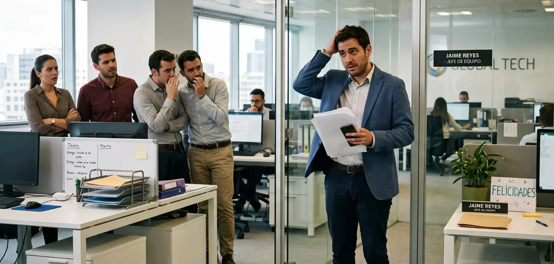 Persona dando indicaciones a su equipo por primera vez, con gesto de nervios