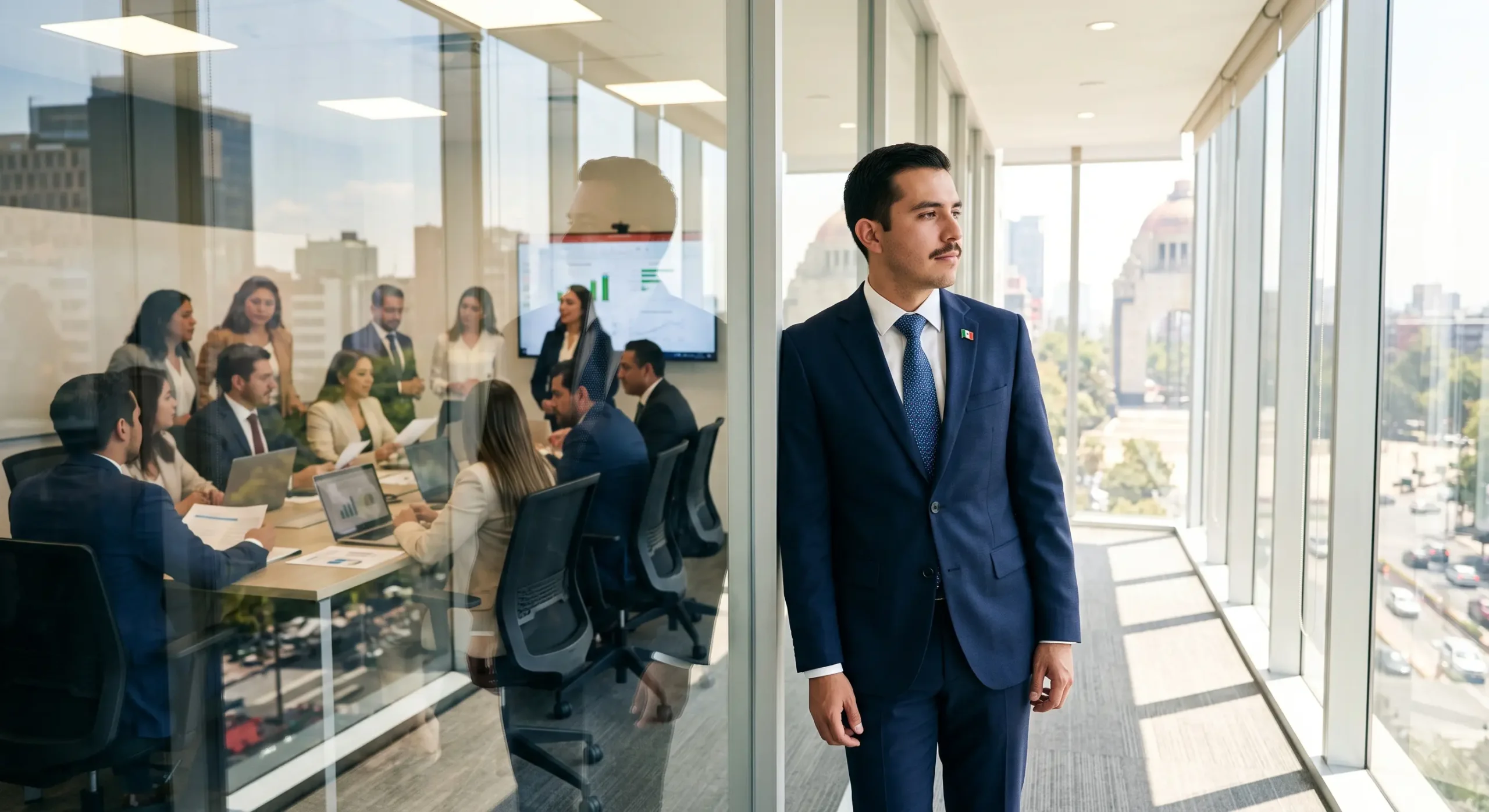 Empleado mexicano excluido de una junta de trabajo, mirando por la ventana