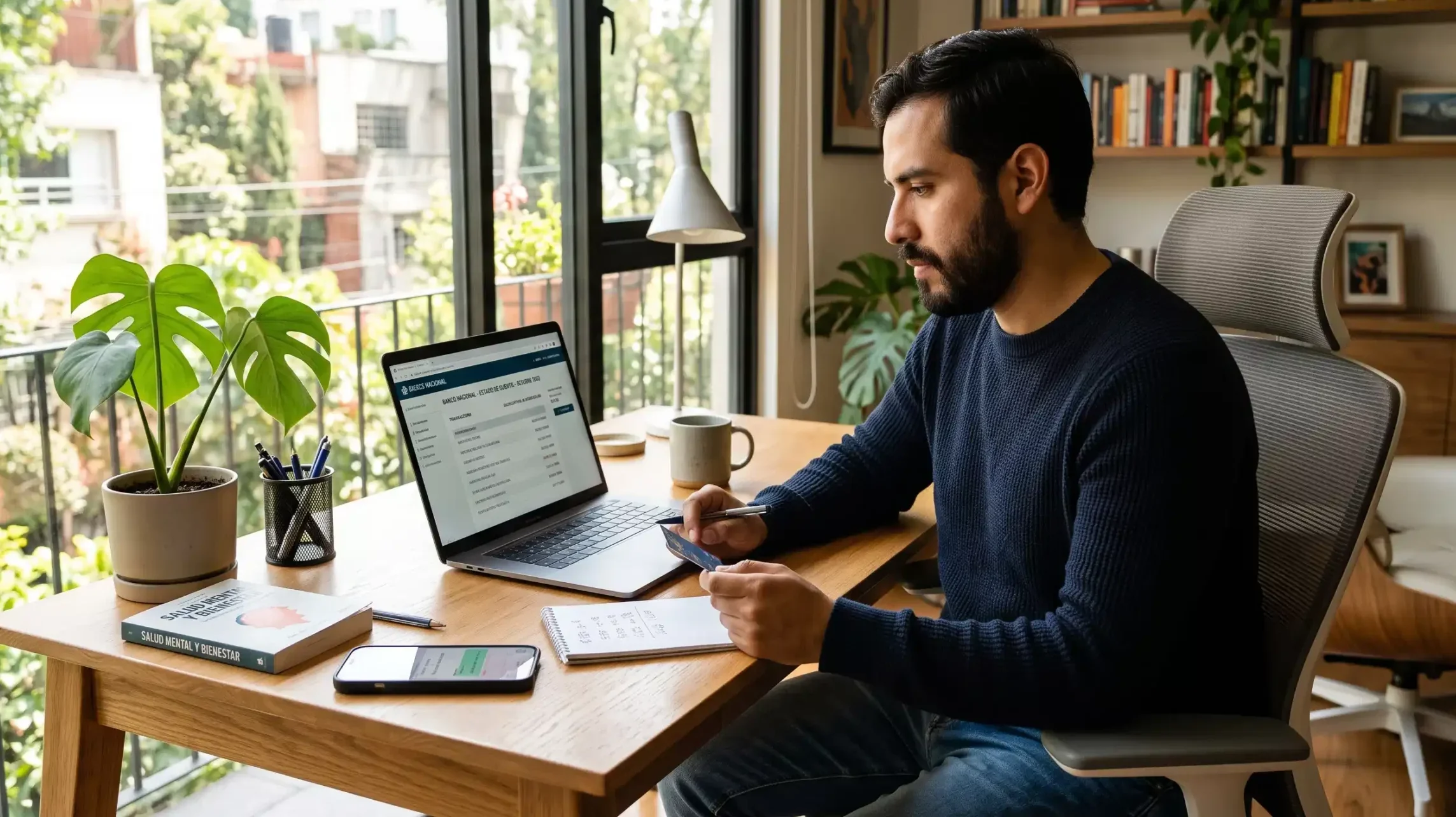 Persona revisando su chequera o app bancaria junto a una taza de café, calculando gastos del mes