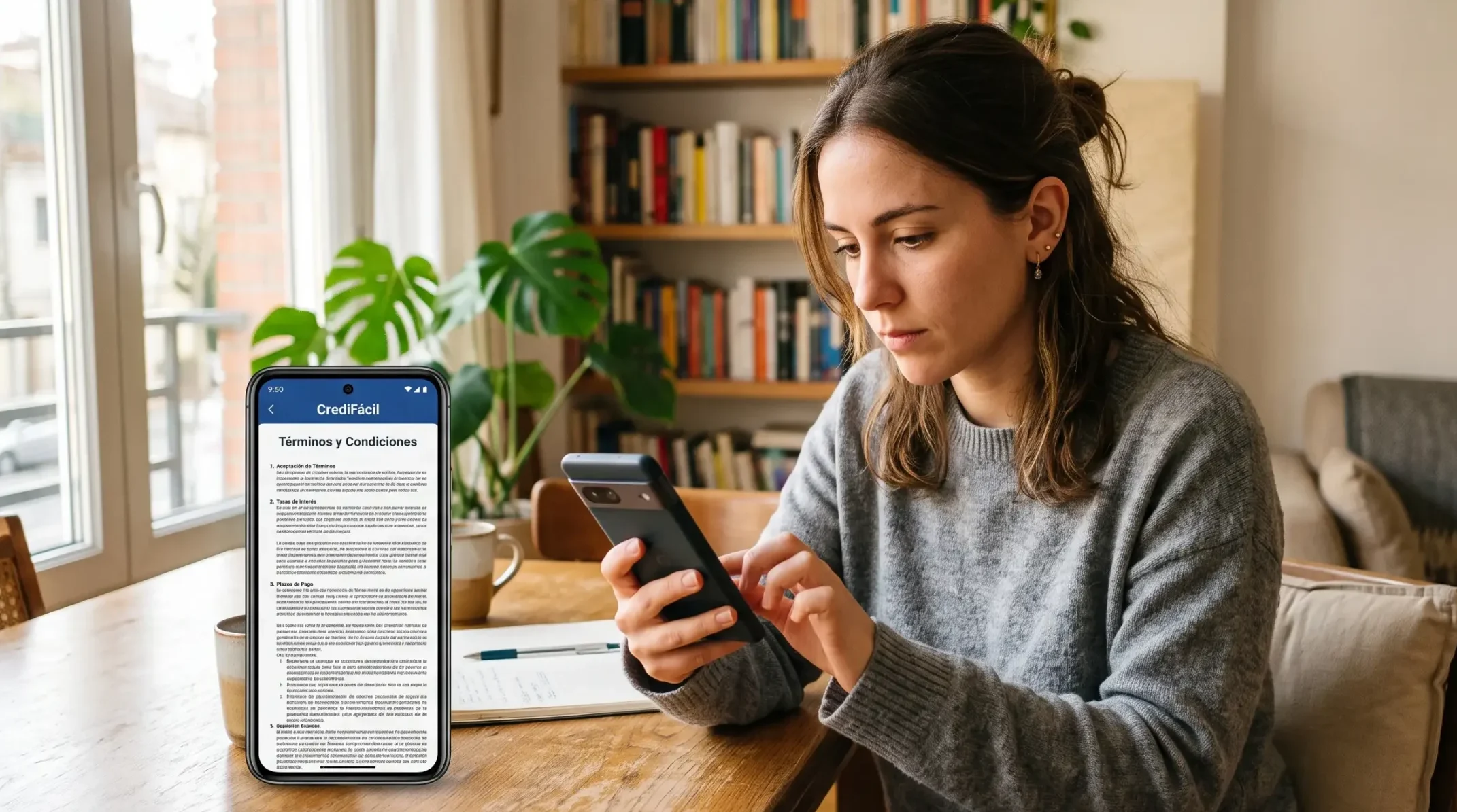 Persona revisando términos y condiciones de una app de pagos a plazos en su celular