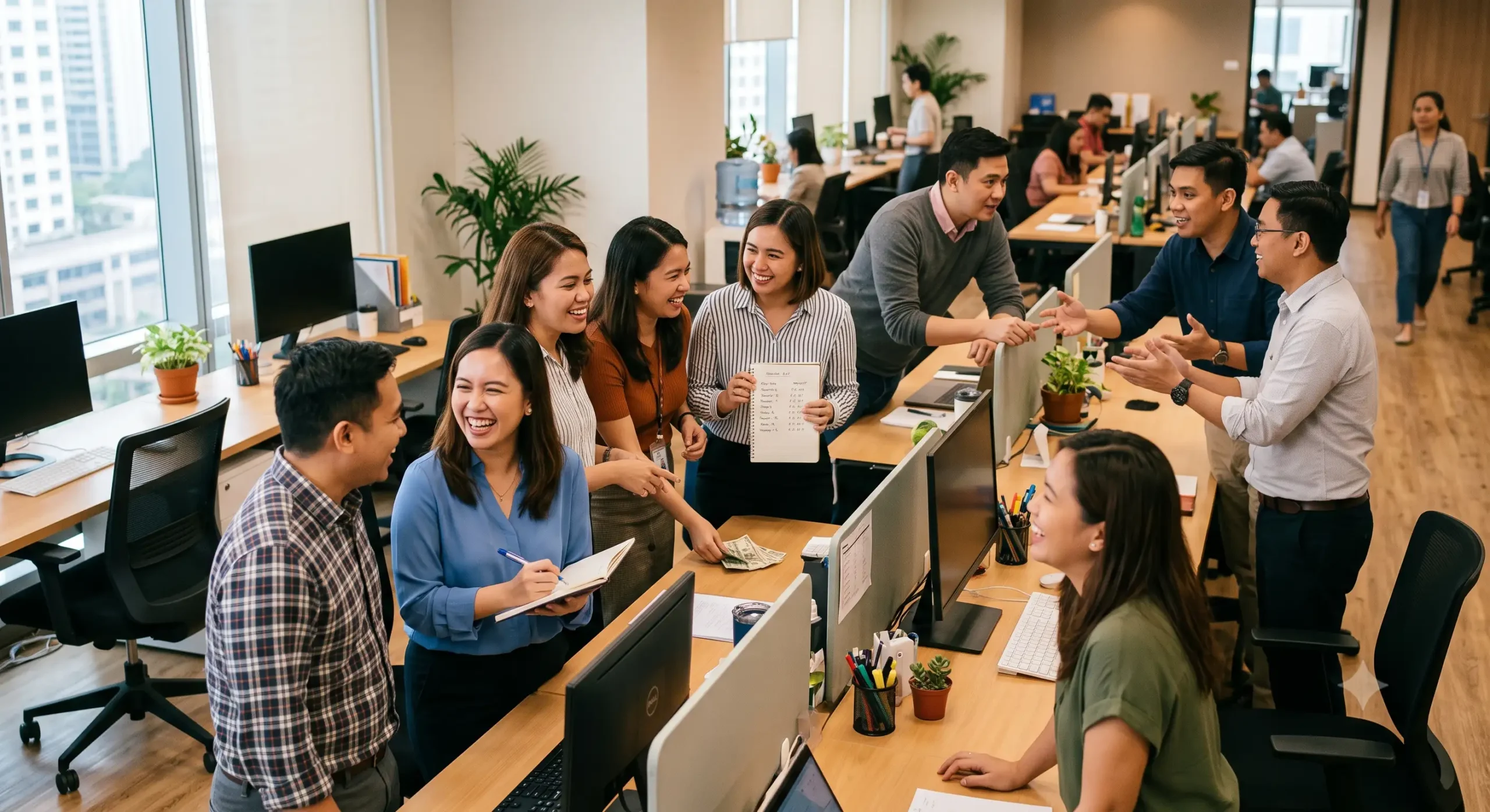 Grupo de amigos mexicanos organizando una tanda de ahorro