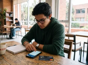 Joven universitaria mexicana revisando su aplicación bancaria en el celular, ambiente de café