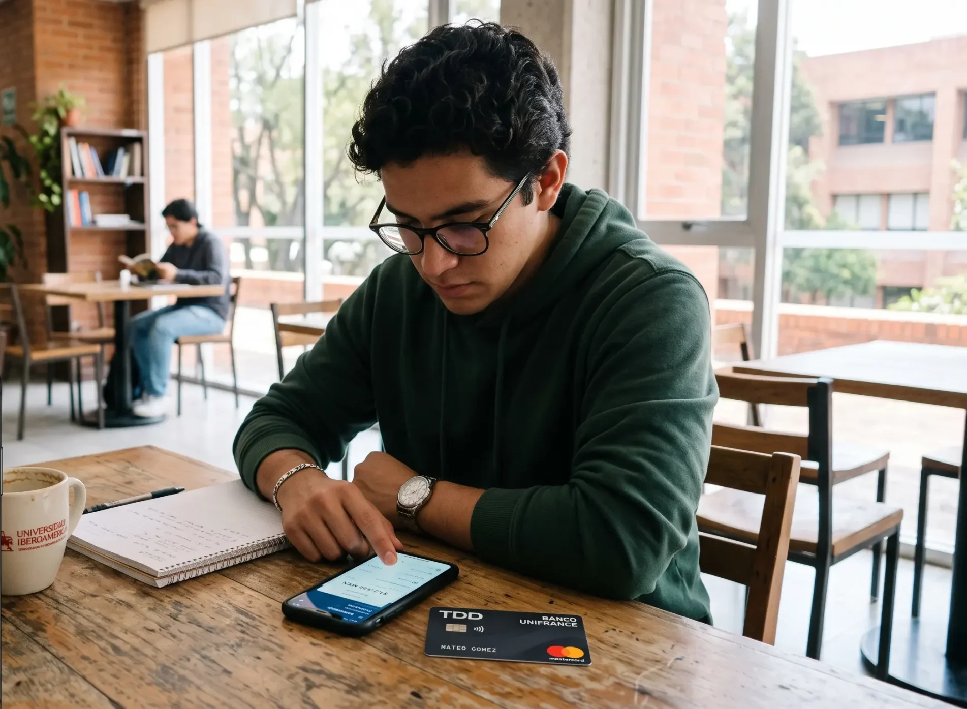 Joven universitaria mexicana revisando su aplicación bancaria en el celular, ambiente de café