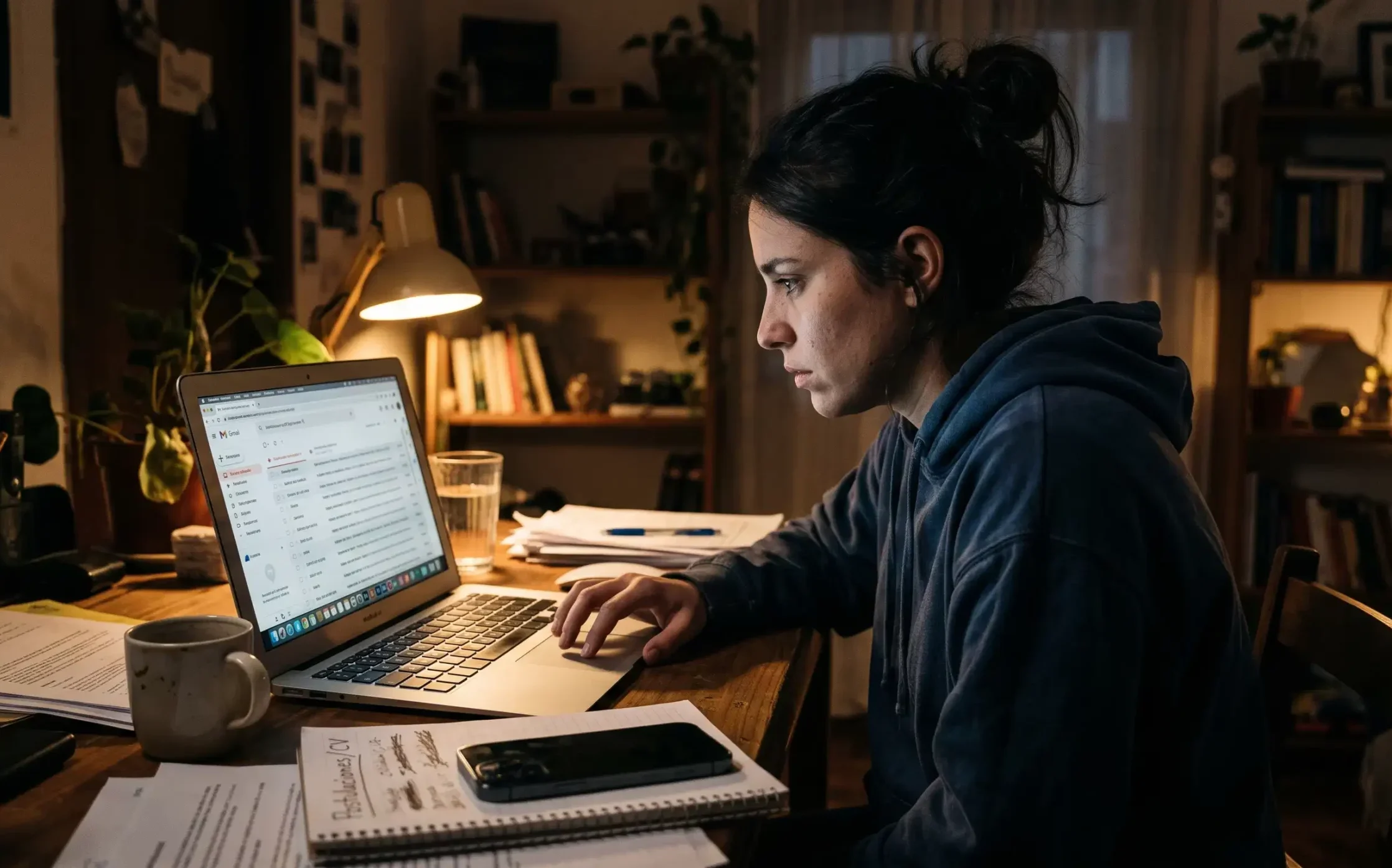 Joven mexicano revisando el estatus de una vacante en su laptop, sin respuesta