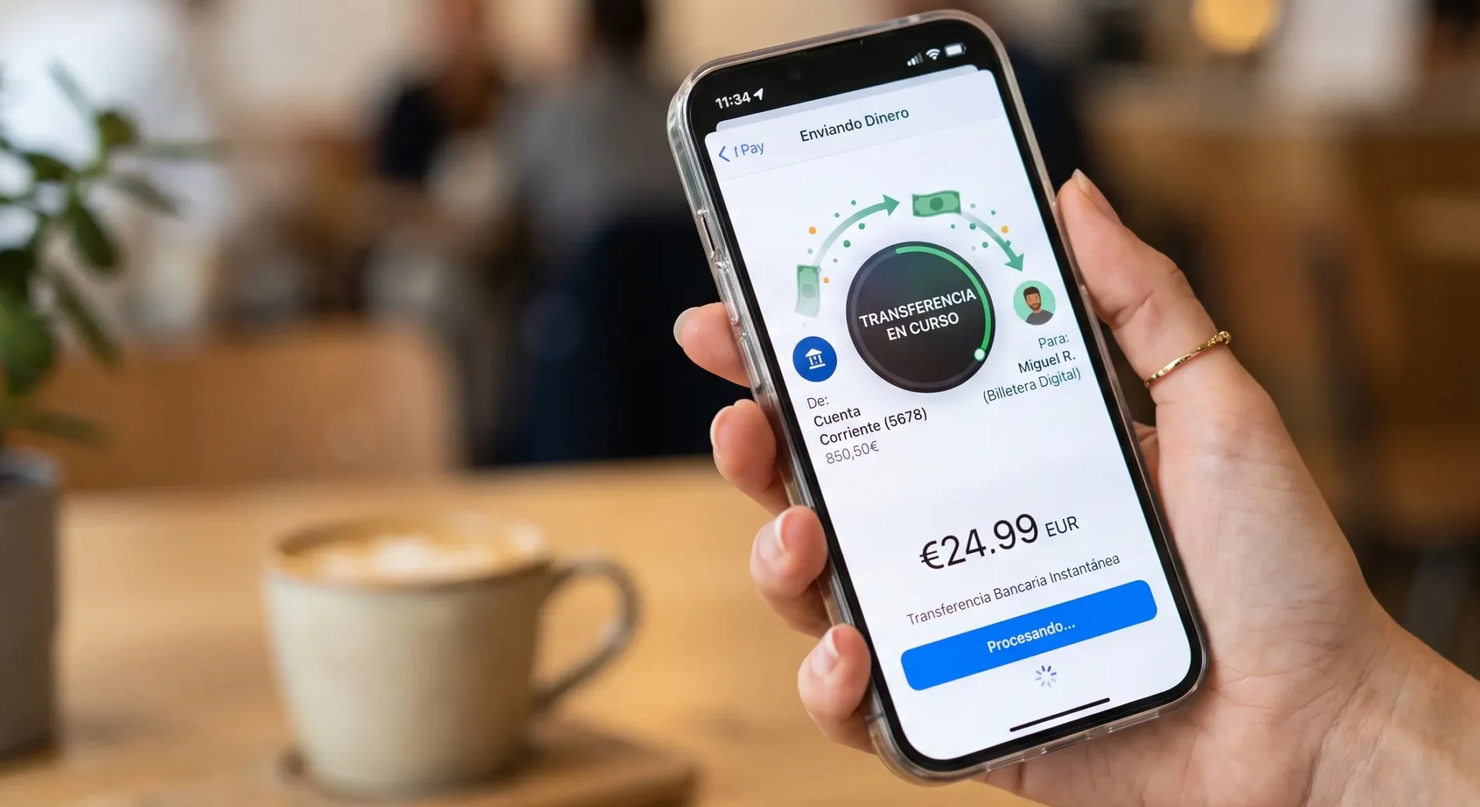 Persona usando la app de Bitso en su celular para transferir dinero