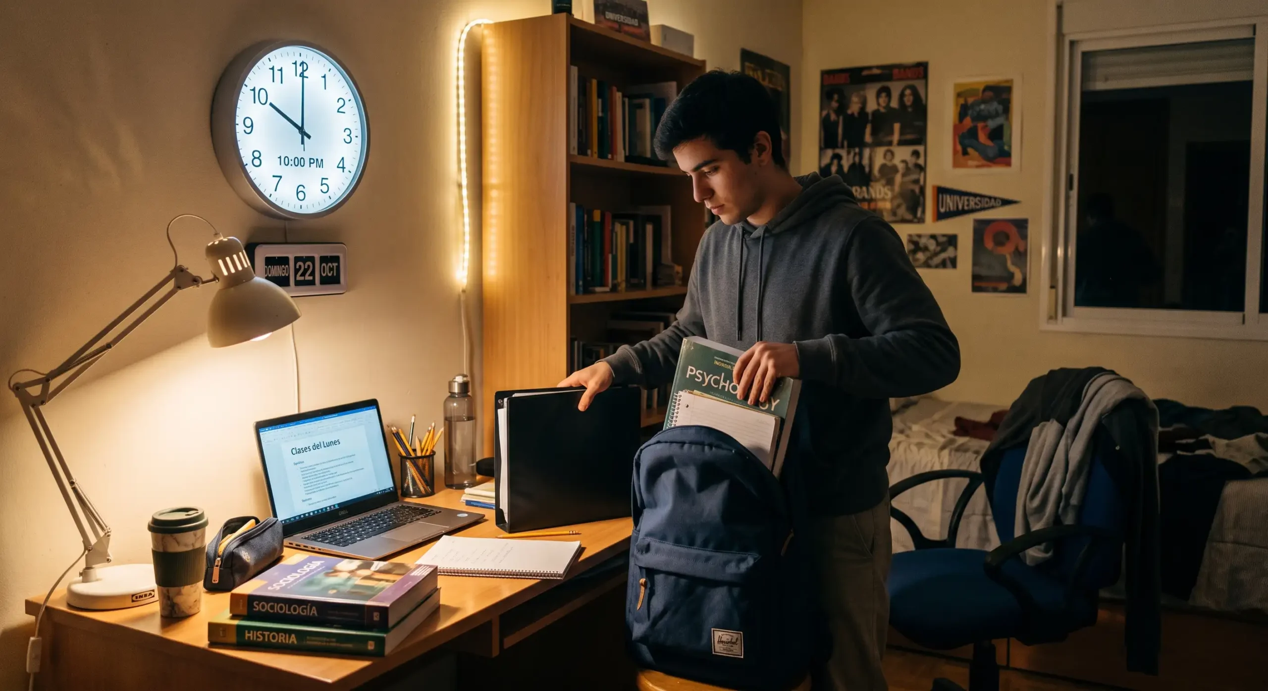 Estudiante mexicano organizando su mochila y agenda un domingo por la noche