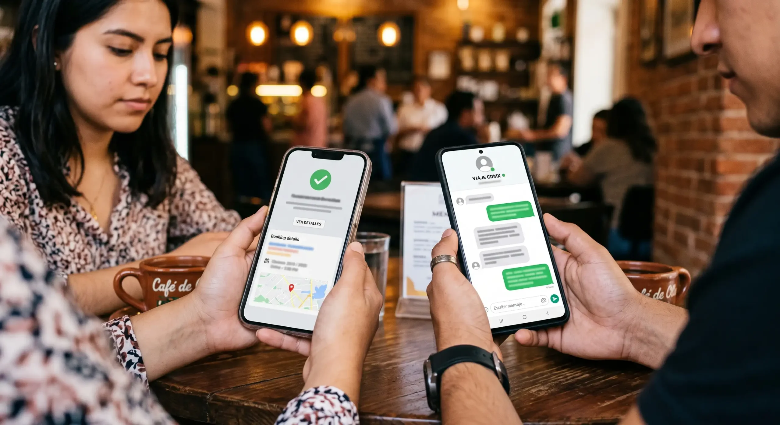 Dos personas revisando en su teléfono la confirmación de una reservación de viaje y un chat de WhatsApp con un operador turístic