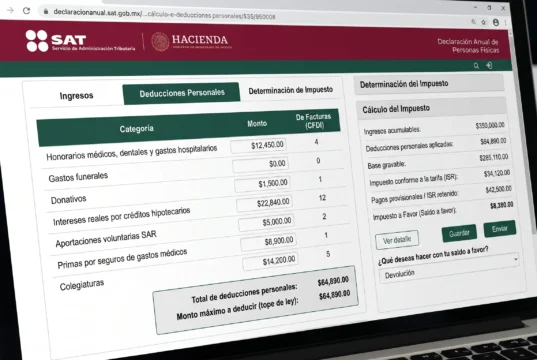 Pantalla de cálculo de deducciones personales e impuestos ante el Servicio de Administración Tributaria