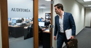 Representante legal y contador revisando auditoría fiscal y sellos digitales en una oficina