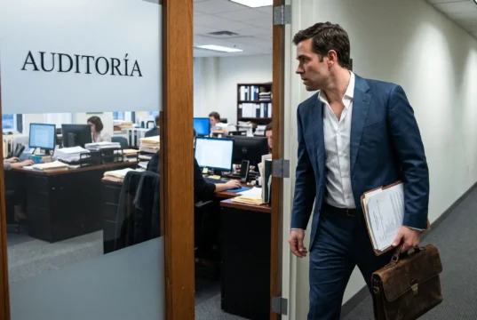Representante legal y contador revisando auditoría fiscal y sellos digitales en una oficina