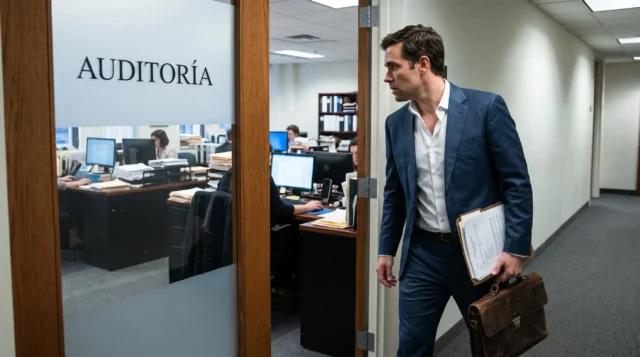 Representante legal y contador revisando auditoría fiscal y sellos digitales en una oficina
