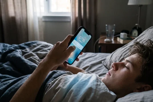 Mano sosteniendo un teléfono encendido en la oscuridad de una recámara al amanecer