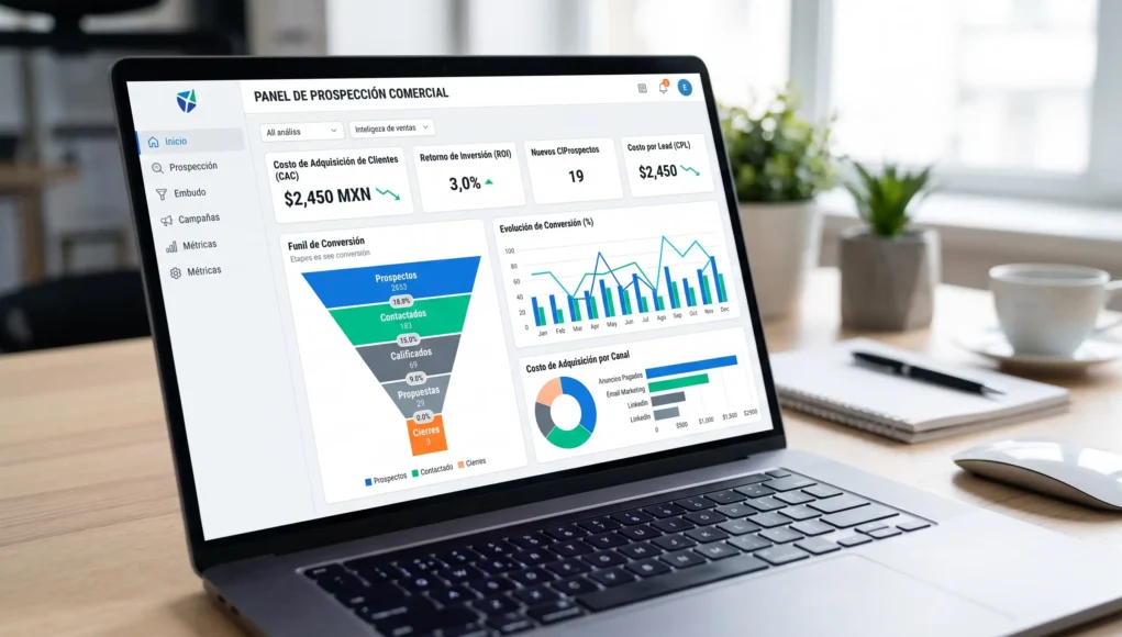 Panel de control digital de prospección comercial en computadora con gráficas de conversión y costos de adquisición