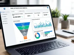 Panel de control digital de prospección comercial en computadora con gráficas de conversión y costos de adquisición