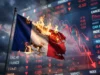 Cincuenta y siete por ciento del producto al gasto: el colapso del cajero público que paralizó a Francia Bandera de Francia consumiéndose en fuego frente a pantallas bursátiles y desplome del índice CAC 40