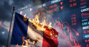 Bandera de Francia consumiéndose en fuego frente a pantallas bursátiles y desplome del índice CAC 40