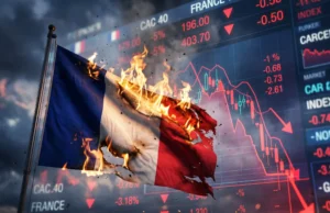 Cincuenta y siete por ciento del producto al gasto: el colapso del cajero público que paralizó a Francia Bandera de Francia consumiéndose en fuego frente a pantallas bursátiles y desplome del índice CAC 40
