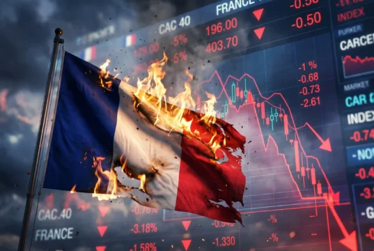 Bandera de Francia consumiéndose en fuego frente a pantallas bursátiles y desplome del índice CAC 40