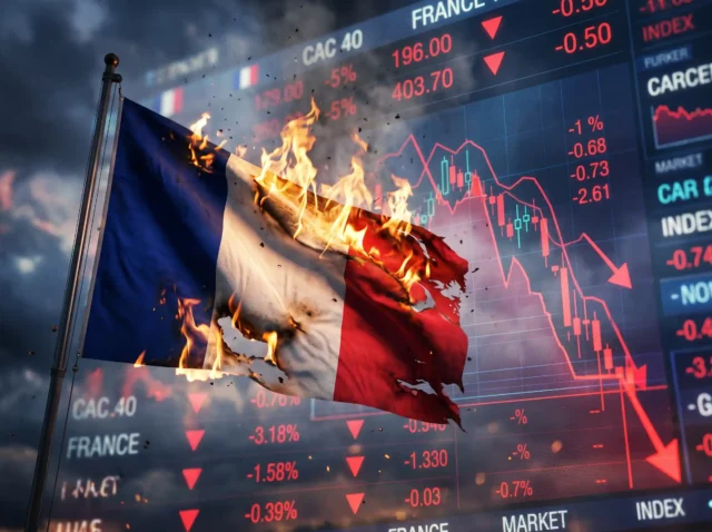 francia al colapso Bandera de Francia consumiéndose en fuego frente a pantallas bursátiles y desplome del índice CAC 40