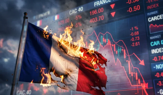 Cincuenta y siete por ciento del producto al gasto: el colapso del cajero público que paralizó a Francia Bandera de Francia consumiéndose en fuego frente a pantallas bursátiles y desplome del índice CAC 40